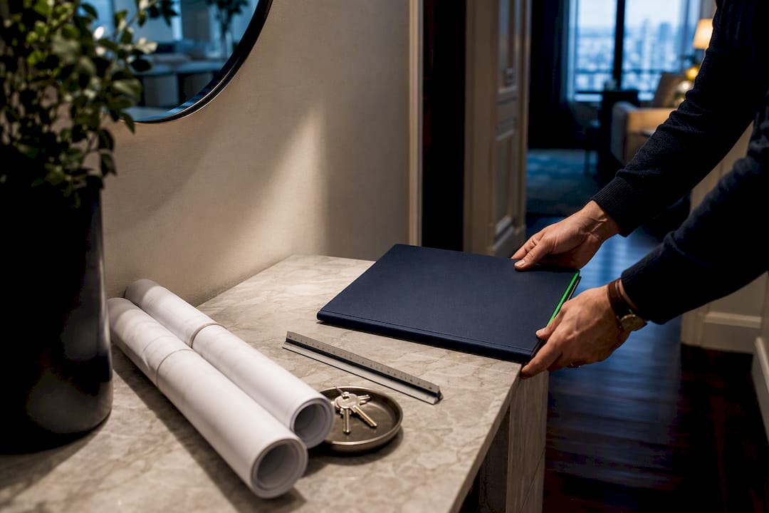 Co-op renovation documents in apartment entryway