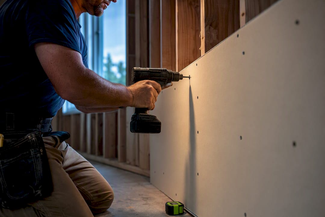 Contractor fastening drywall panel to studs