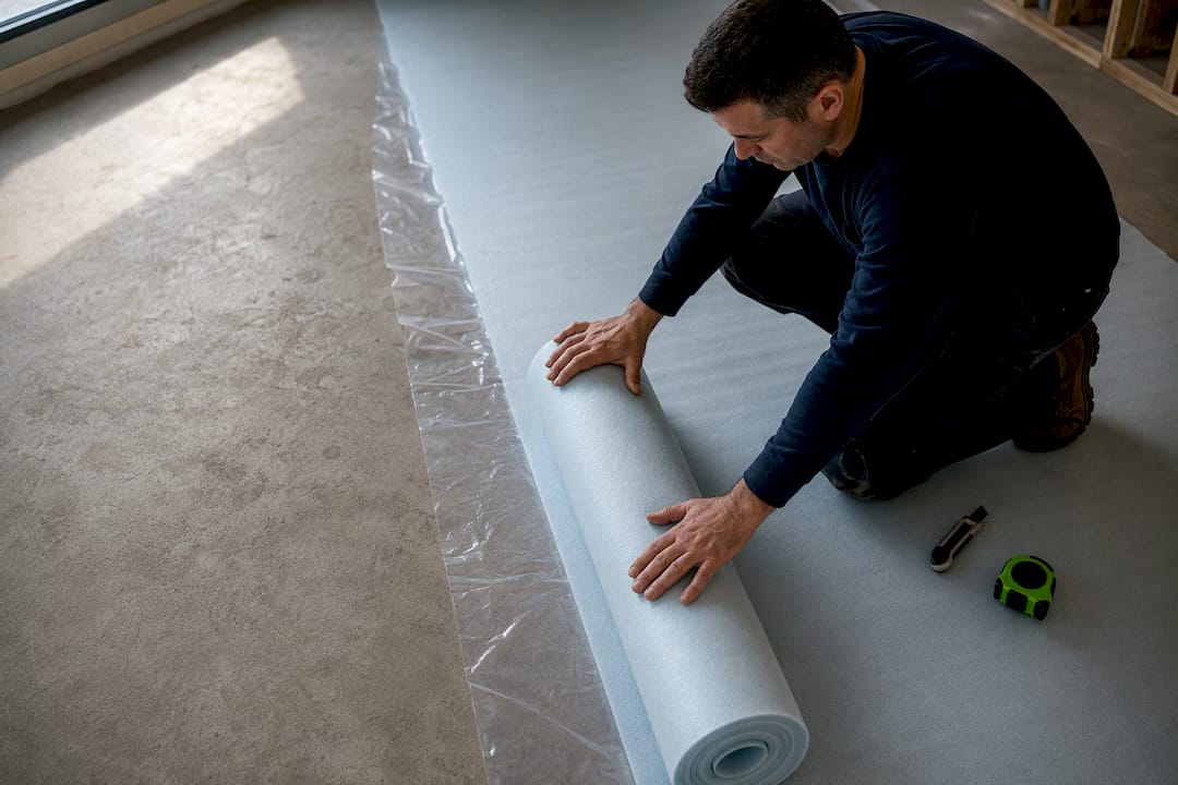 Underlayment and vapor barrier over concrete