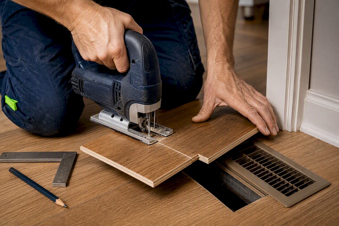Jigsaw cutting plank around floor vent