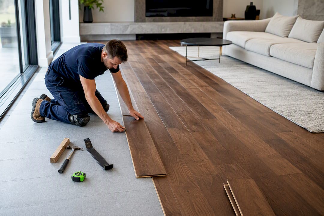 Installer aligning hardwood floor planks
