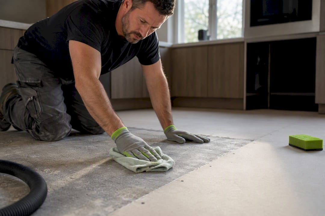 Contractor wiping dust from tile substrate