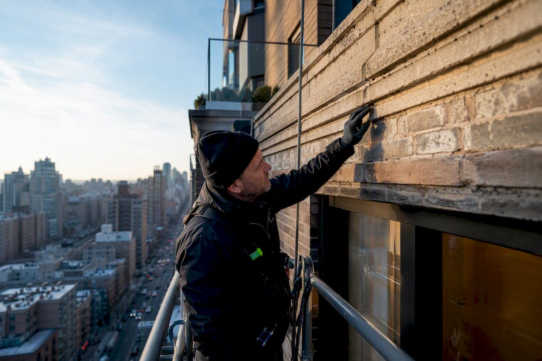 Inspector examining a New York building facade