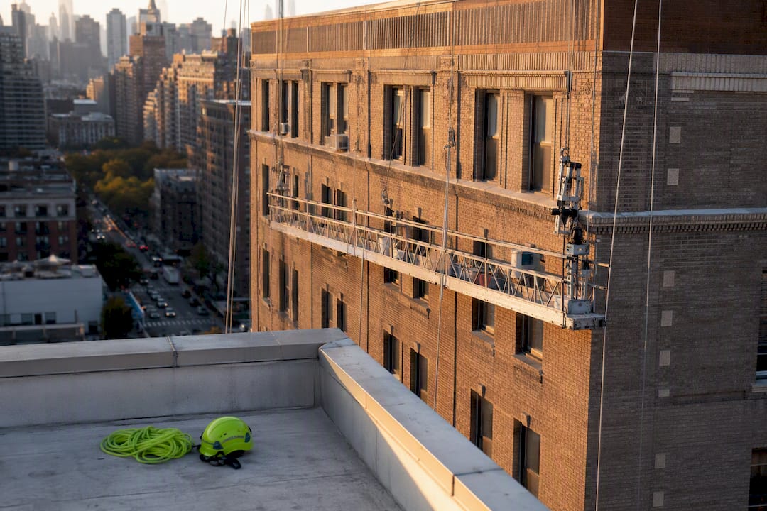 Suspended scaffold beside a masonry building