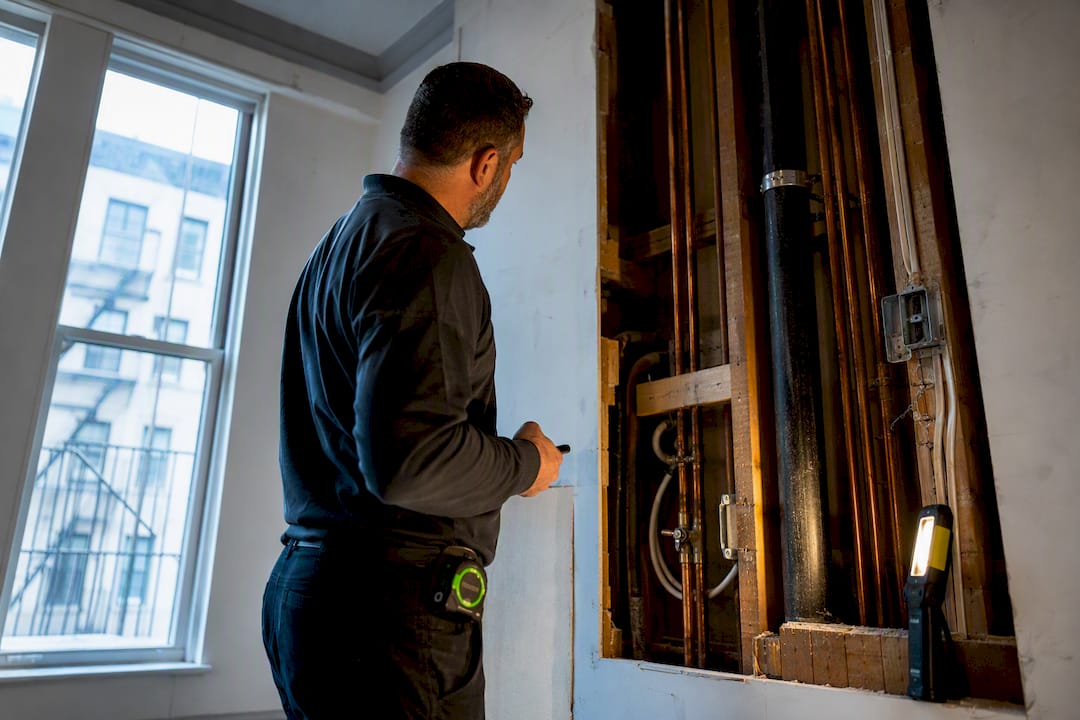 Contractor inspecting exposed apartment construction