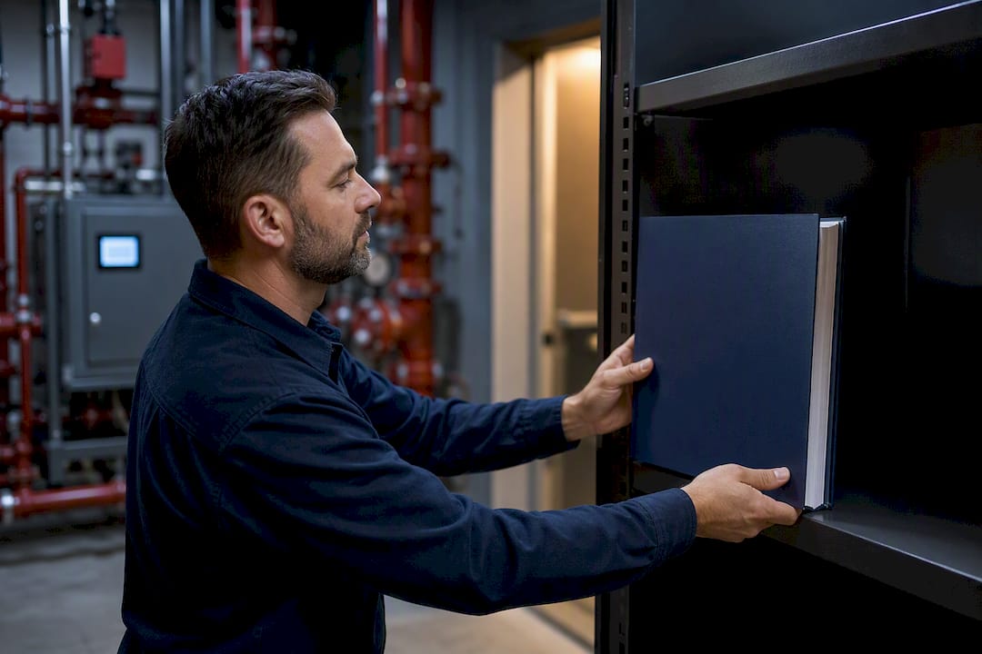 Printed closeout binder in mechanical room