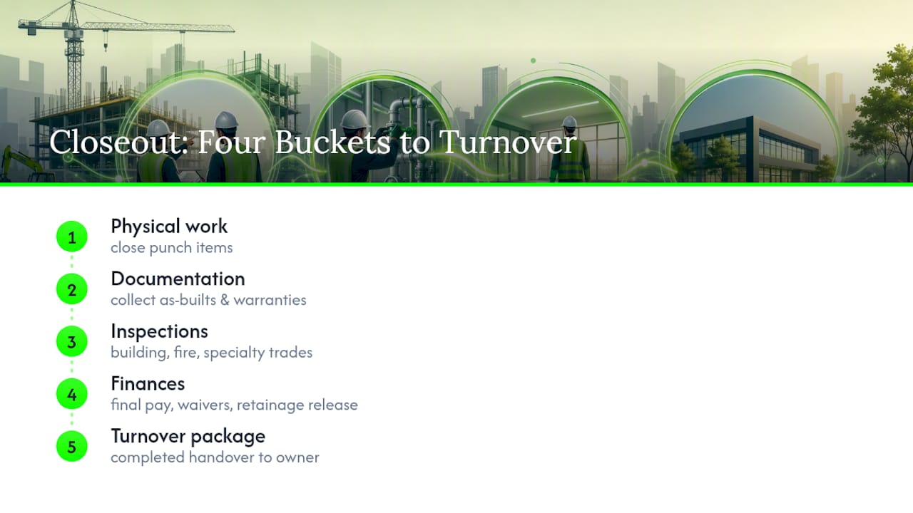 Four connected construction closeout responsibilities
