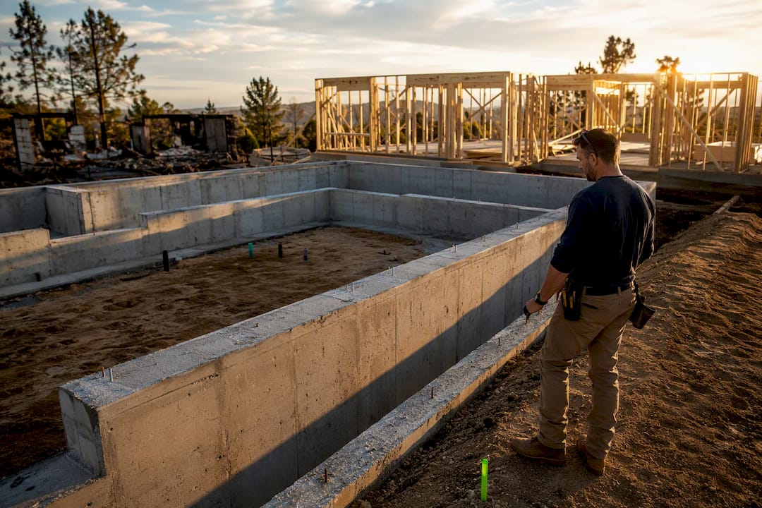 Contractor inspecting fire-damaged home rebuild
