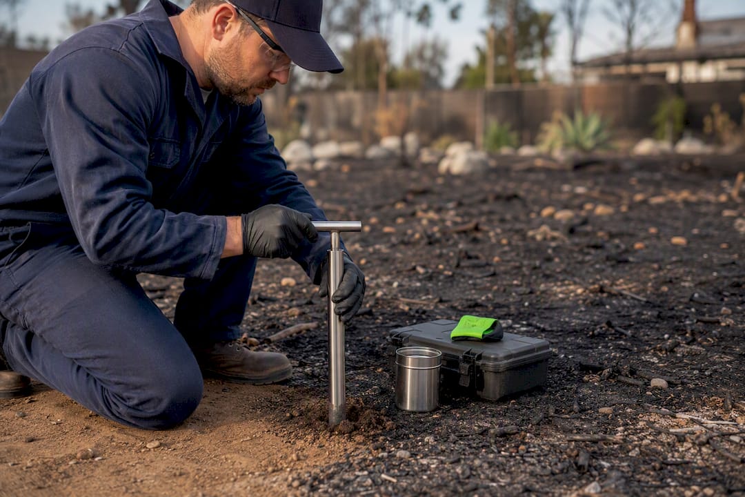 Technician collecting post-fire soil sample