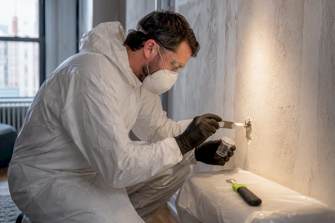 Inspector sampling plaster wall for asbestos