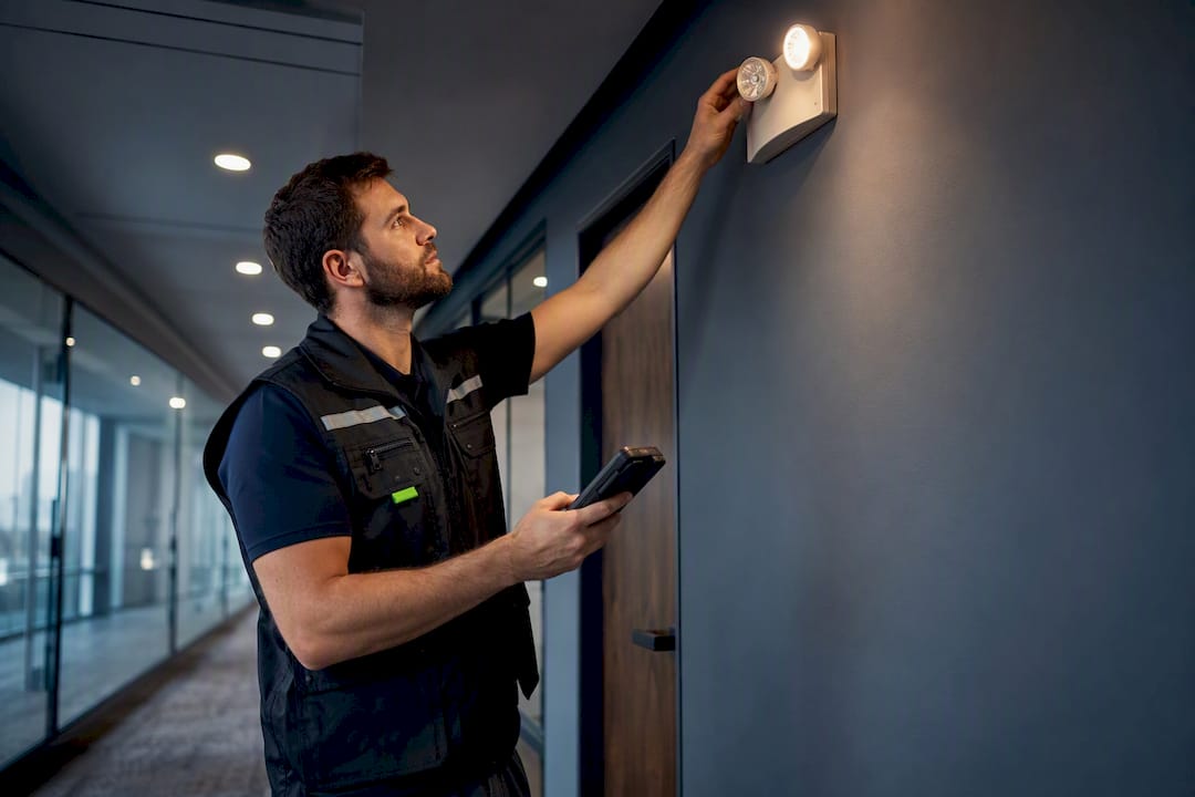 Technician inspecting office emergency lighting