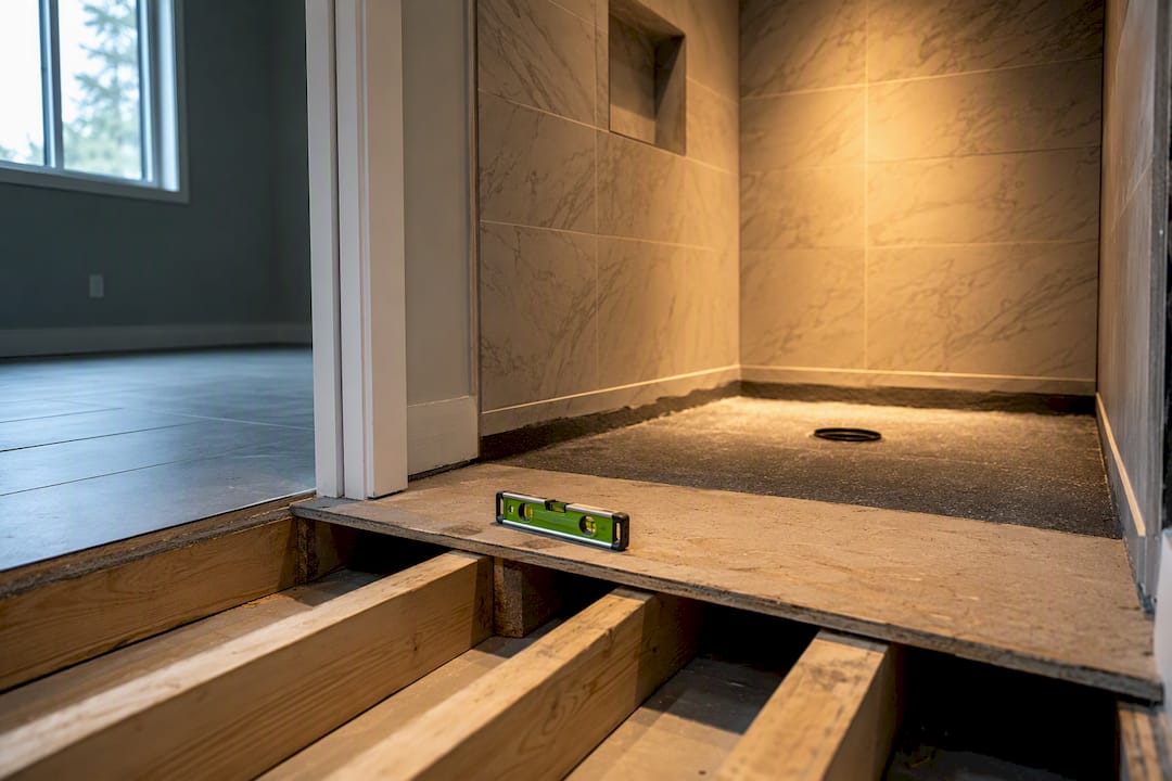 Recessed subfloor prepared for curbless shower