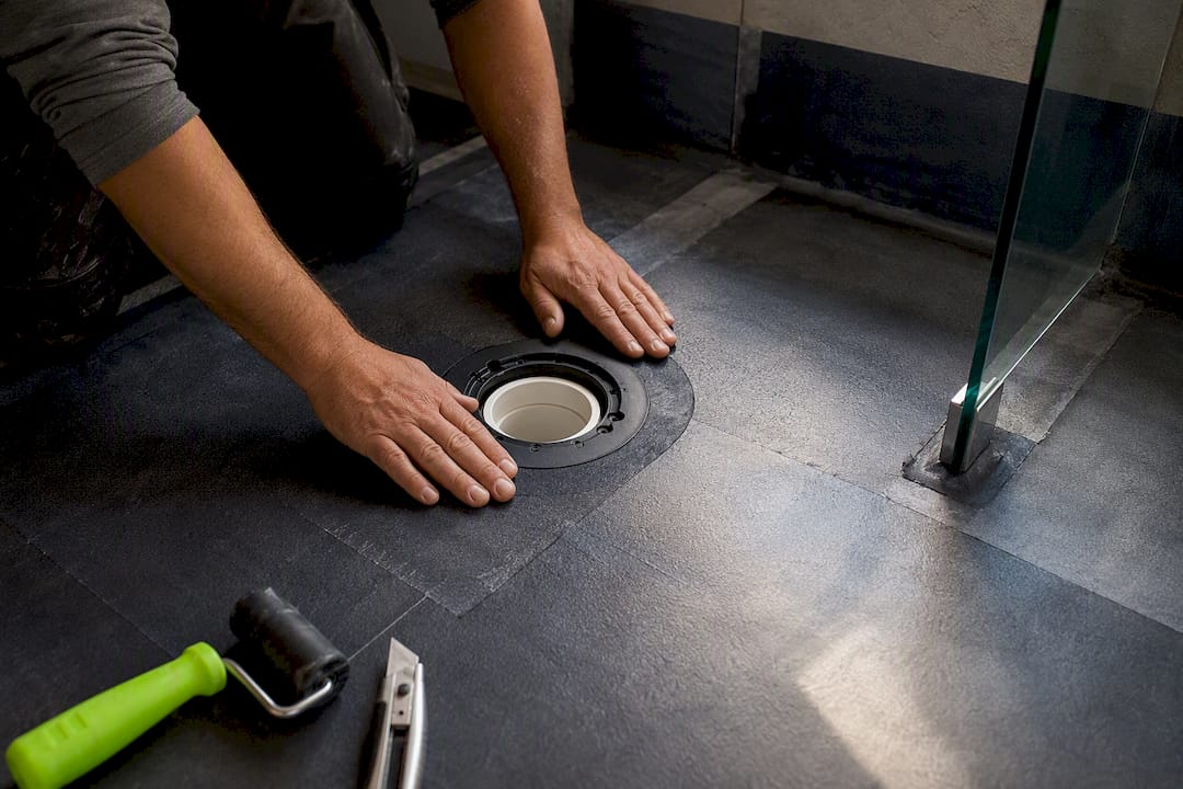 Waterproofing membrane sealed around shower drain