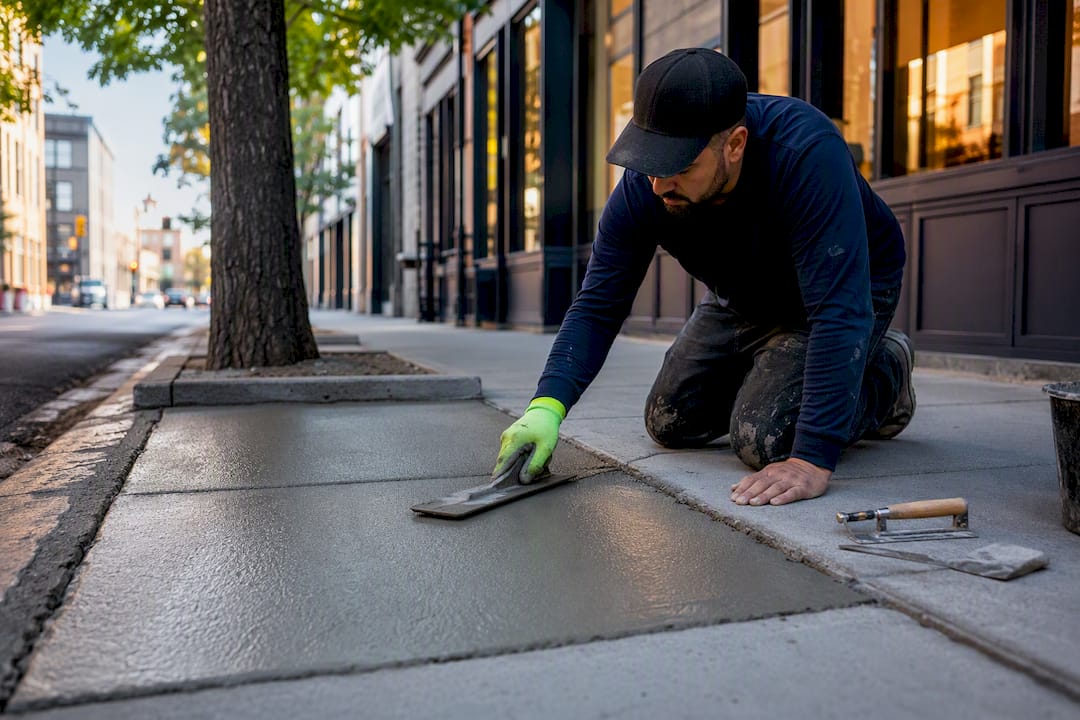 Contractor finishing repaired NYC sidewalk concrete
