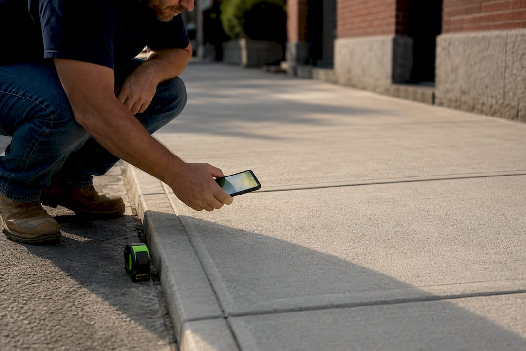 Contractor photographing completed sidewalk repair