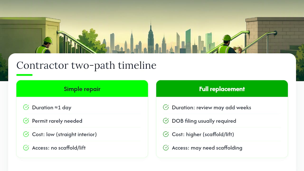 Handrail repair and DOB filing timeline