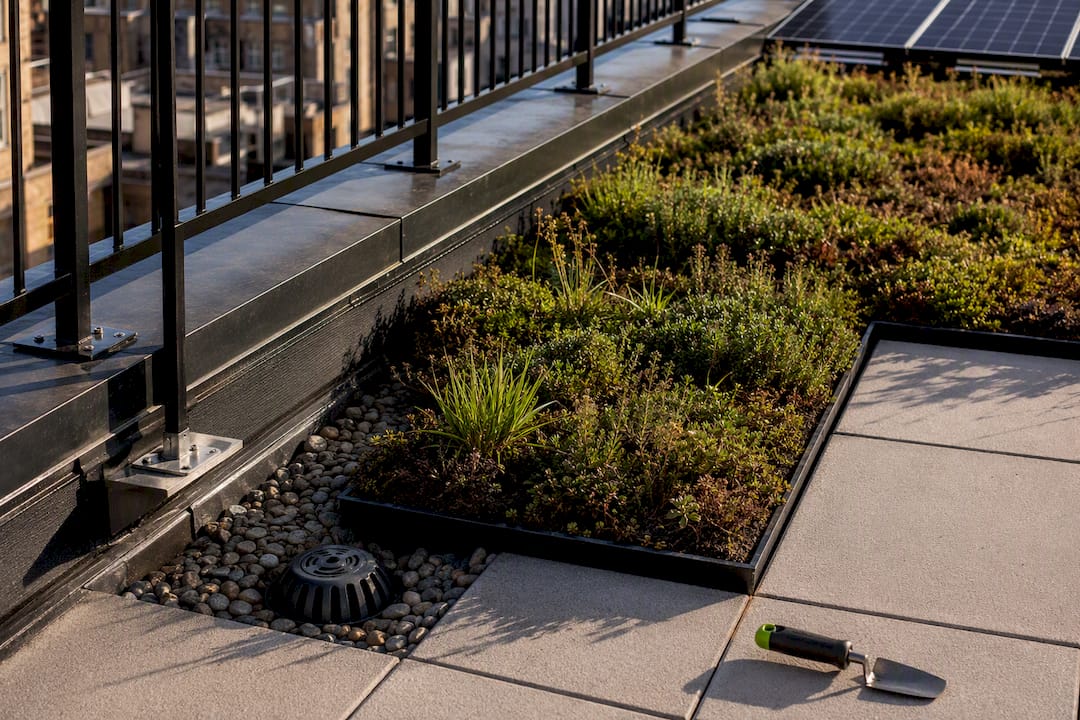 Green roof zone beside rooftop terrace guards
