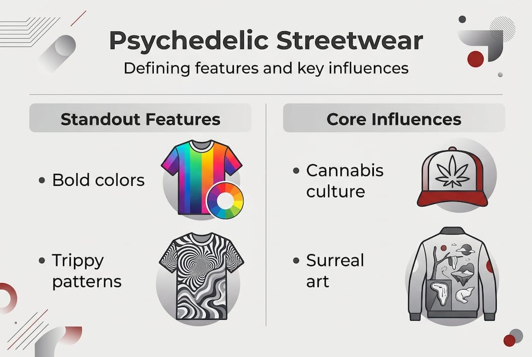 Infographic summarizing psychedelic streetwear main features