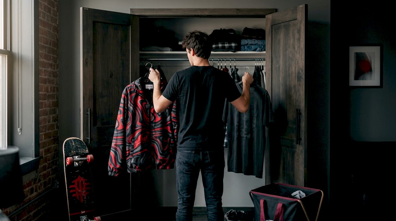 Man choosing between bold and subtle streetwear
