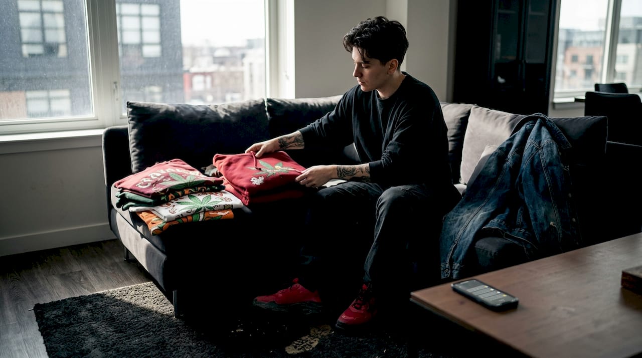 Sorting graphic tees and hoodies on couch