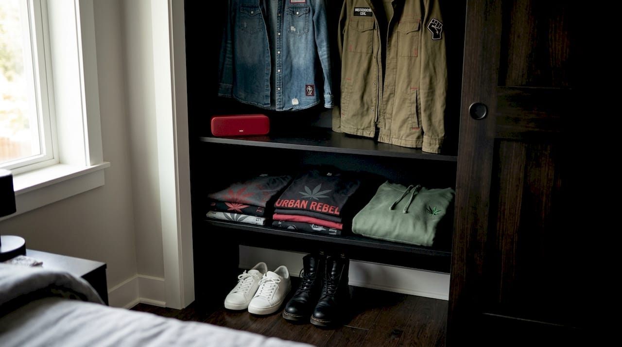 Closet showing essentials of weed-inspired streetwear