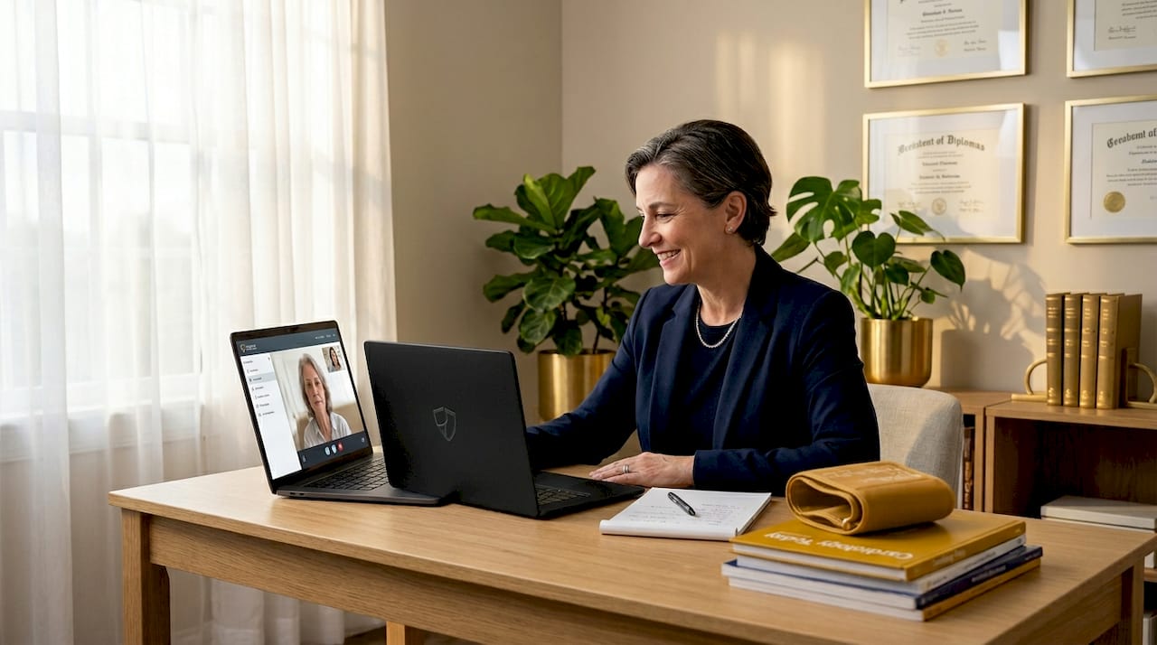 Doctor video conferencing at desk in home office