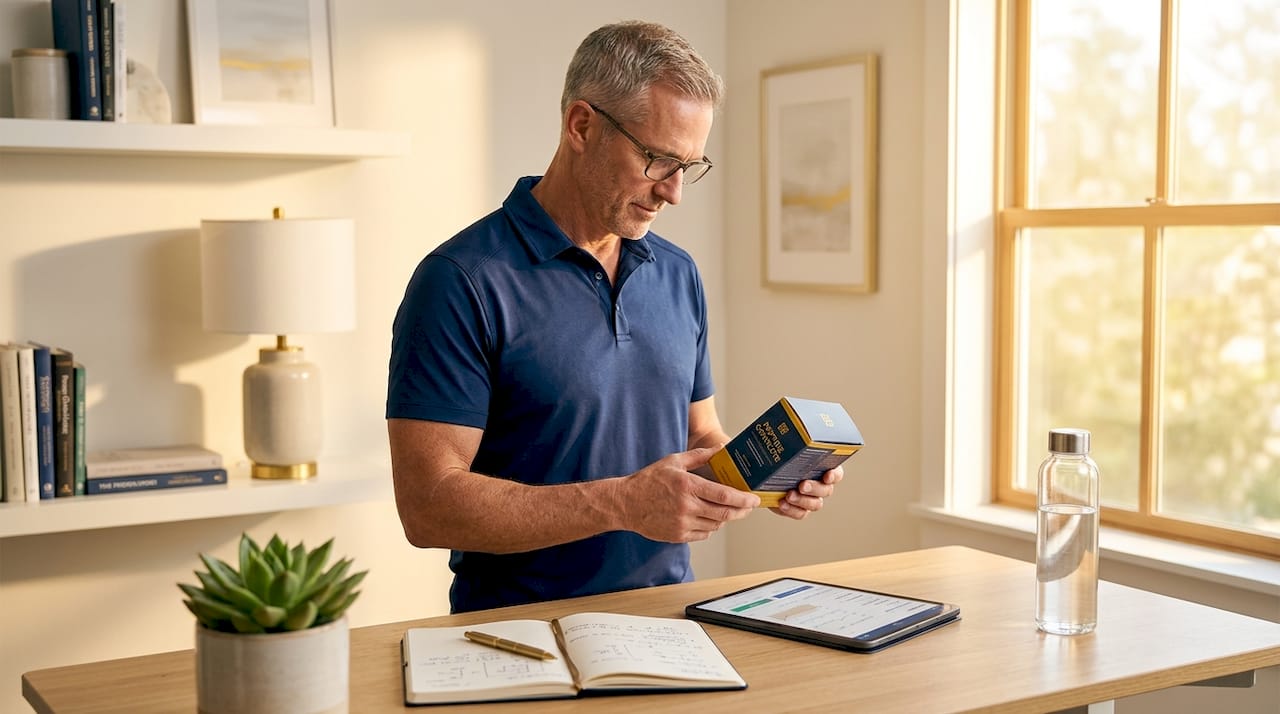 Man reviewing peptide supplement at kitchen island