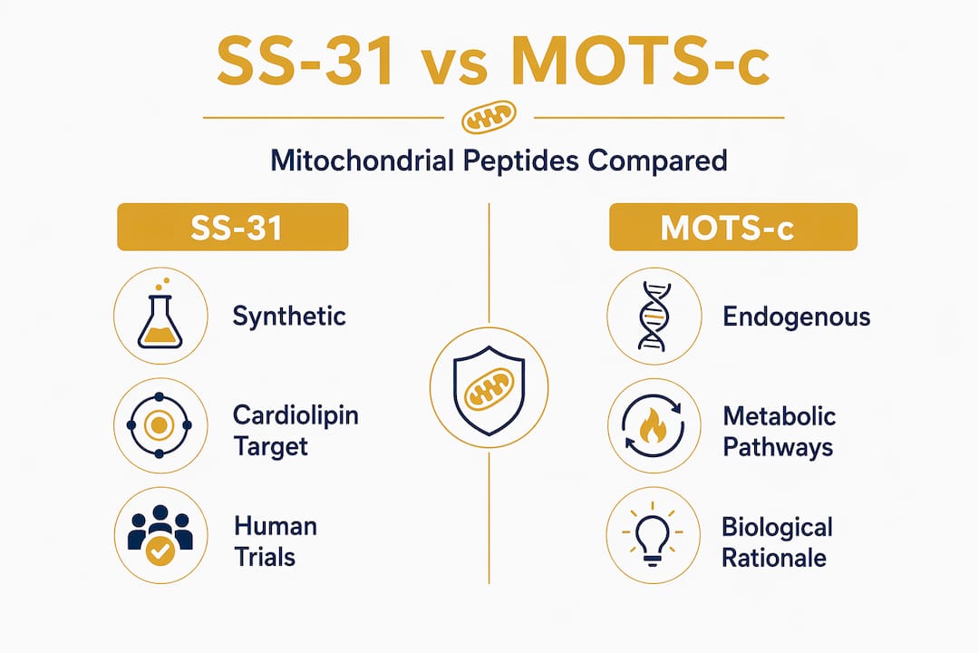 Infographic comparing SS-31 and MOTS-c peptide features