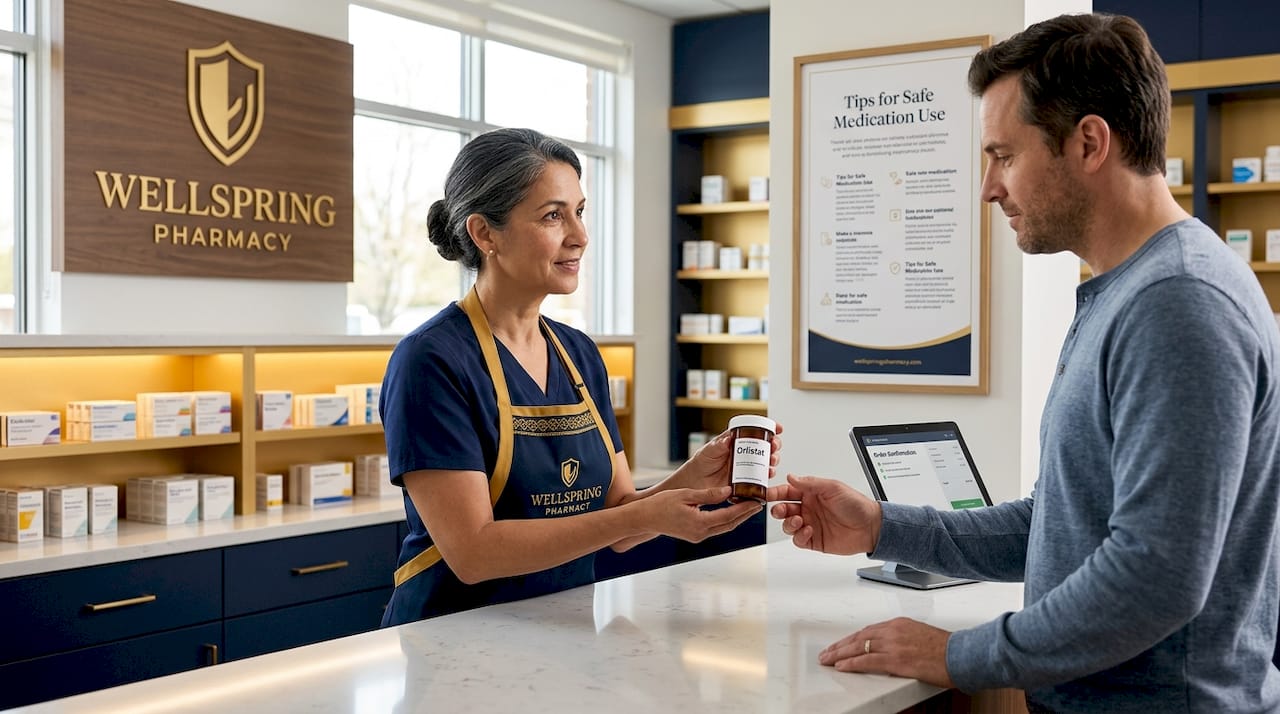 Pharmacist handing Orlistat prescription to adult