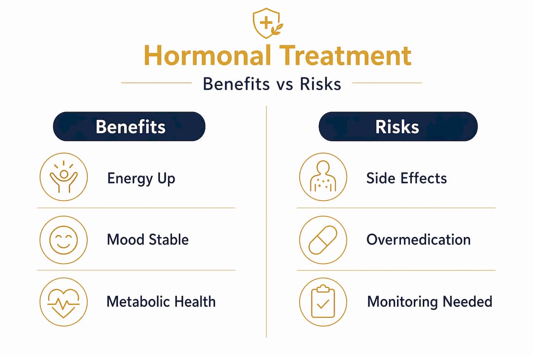 Infographic comparing benefits and risks of hormone treatment