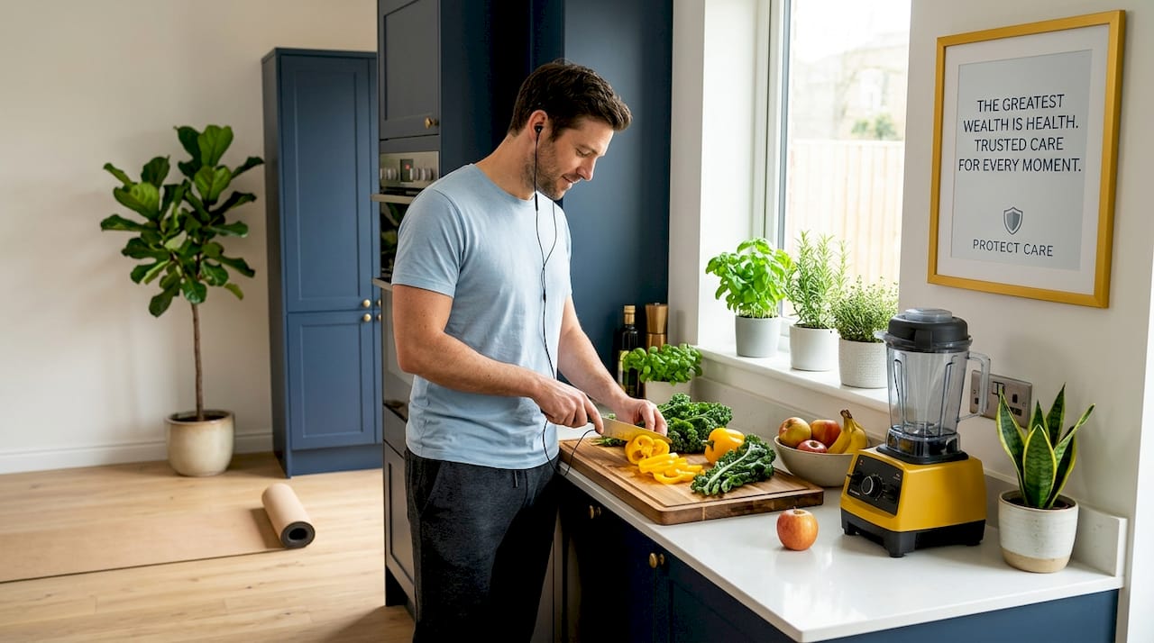 Man preparing healthy food in bright home kitchen