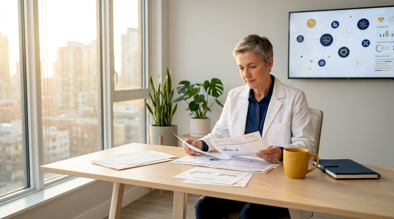 Physician reviewing patient medical history at desk