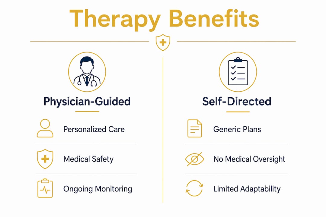 Infographic comparing therapy benefits physician-guided vs self-directed