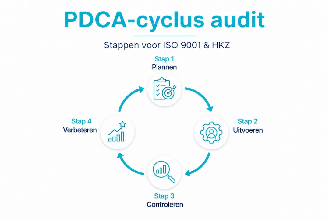Overzichtelijke infographic met de stappen van de PDCA-cyclus, speciaal toegepast op het uitvoeren van audits.