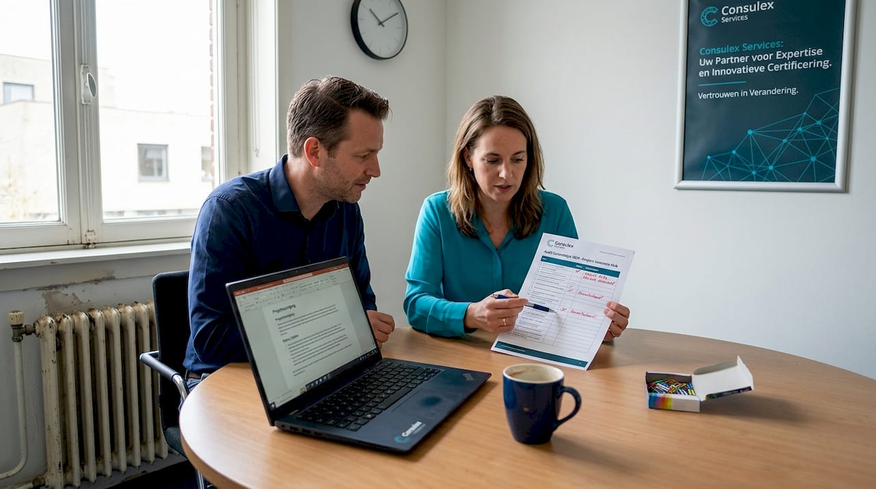 Twee collega's zitten samen aan een ronde tafel om het auditproces door te nemen.