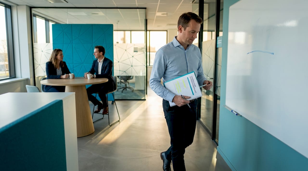 Het team bereidt zich voor op de audit met behulp van een checklist en het whiteboard.