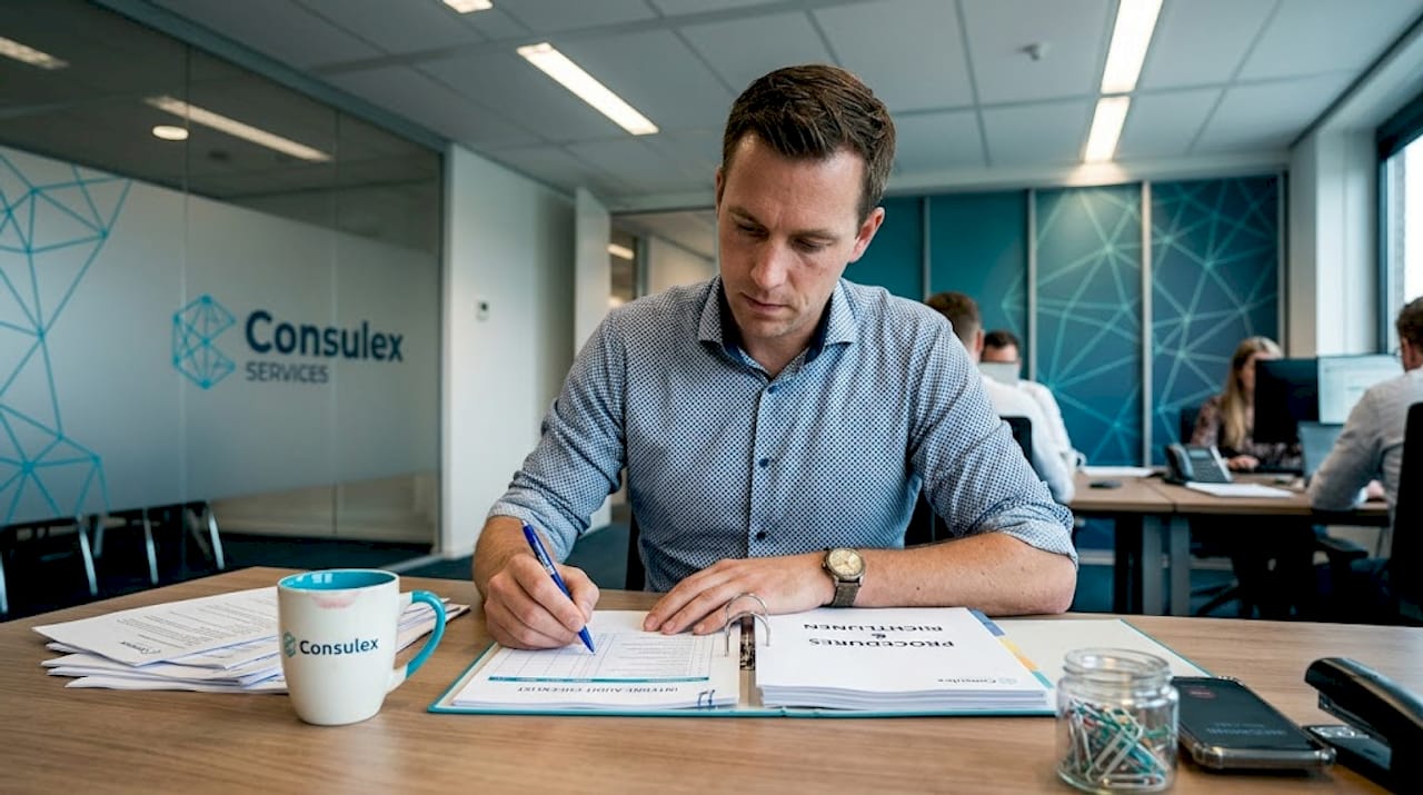 Een medewerker vult aan zijn bureau een controlelijst in voor de audit.