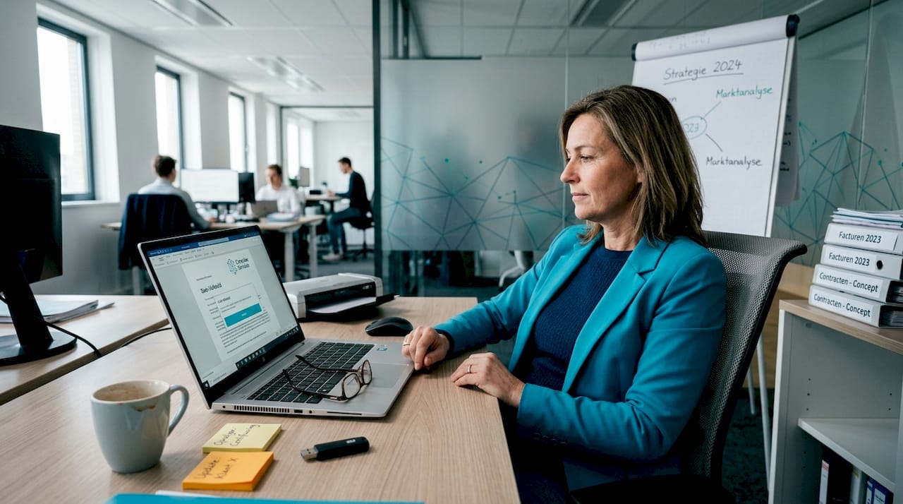 De manager neemt op kantoor de certificeringspapieren zorgvuldig door.