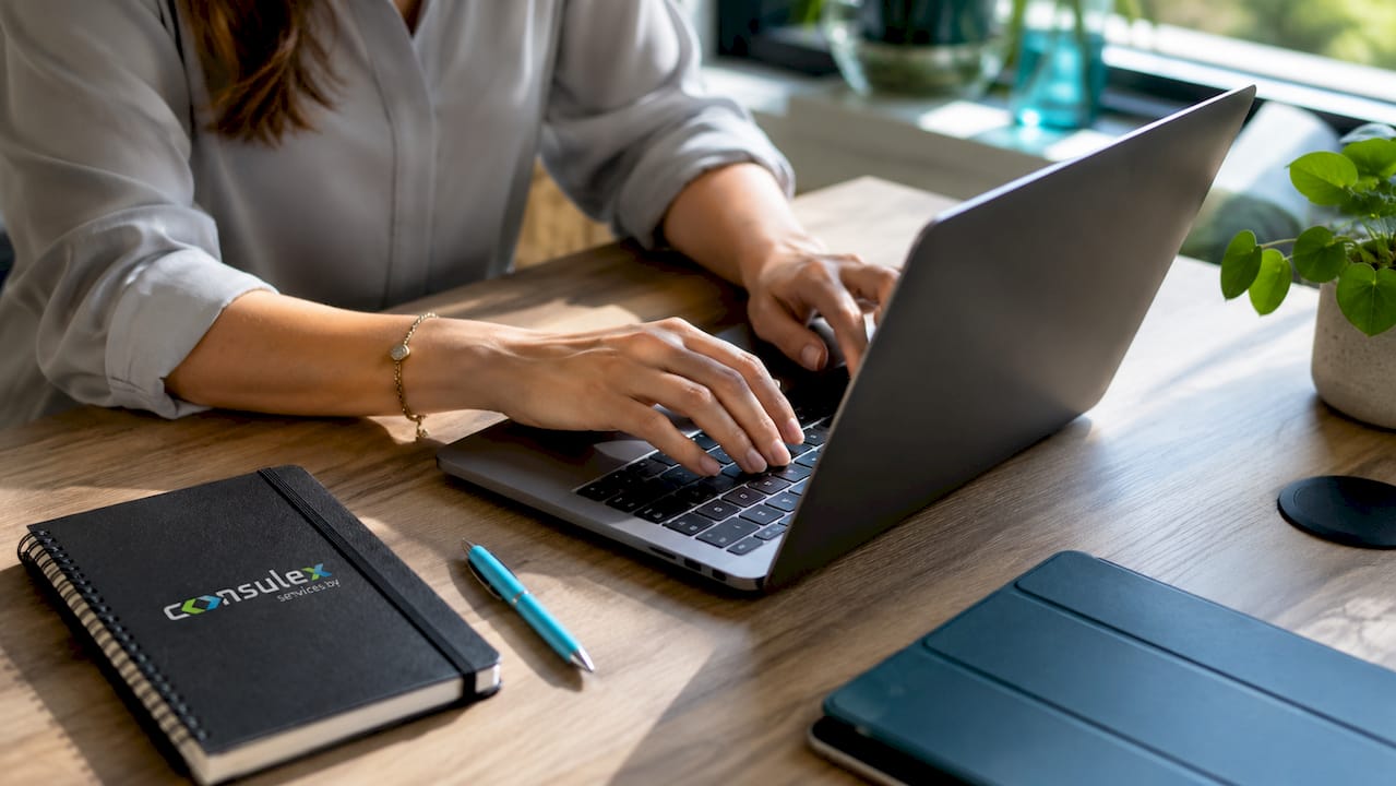 Iemand is aan het typen op een laptop terwijl hij gebruikmaakt van auditsoftware.