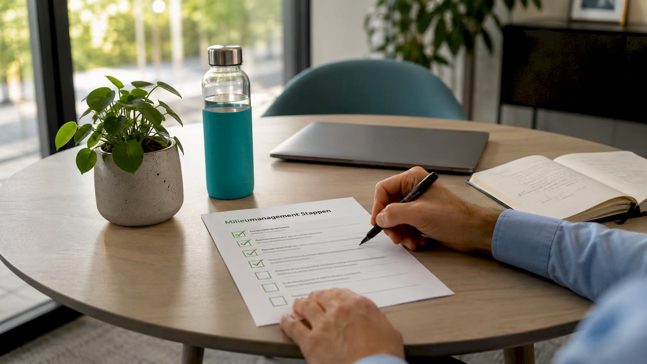 Detailopname van handen die een ISO 14001-checklist doornemen
