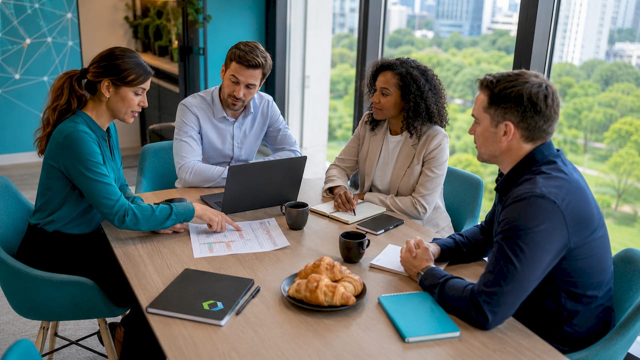 Een klein groepje medewerkers bespreekt samen het programma voor de ISO 9001-training.