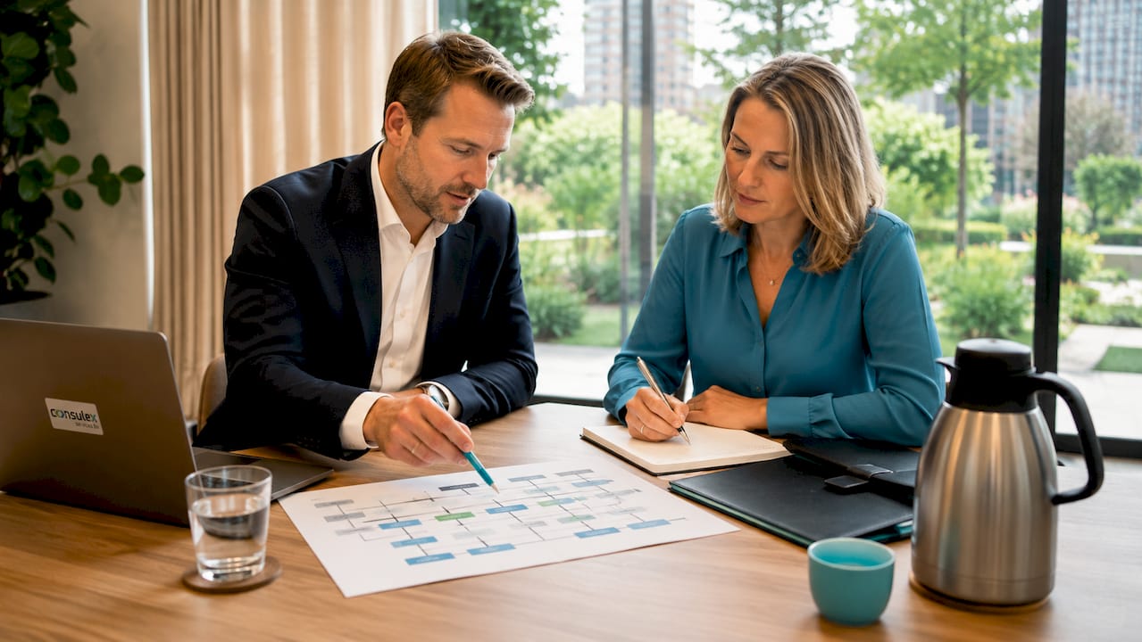 Detailopname van handen tijdens een overleg over de auditmatrix