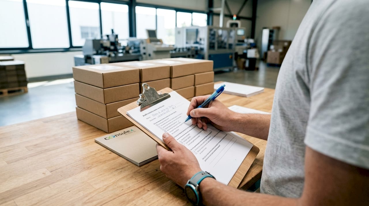 Een paar handen houdt een controlelijst vast midden in de productiehal.