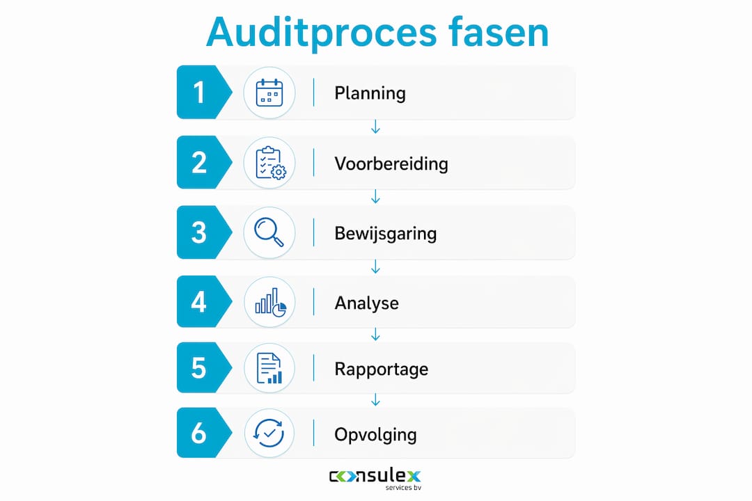 Infographic met de zes stappen van het auditproces