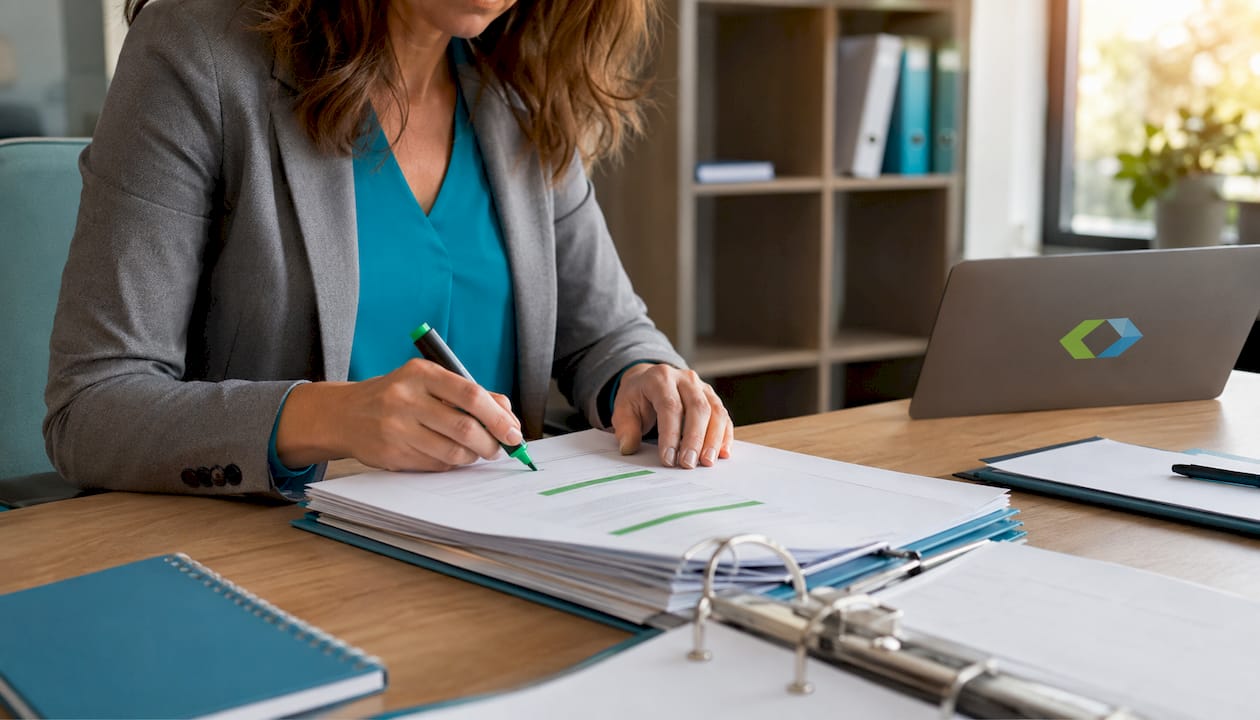 Een paar handen die druk bezig zijn met het ordenen en bijwerken van ISO 9001-documentatie.