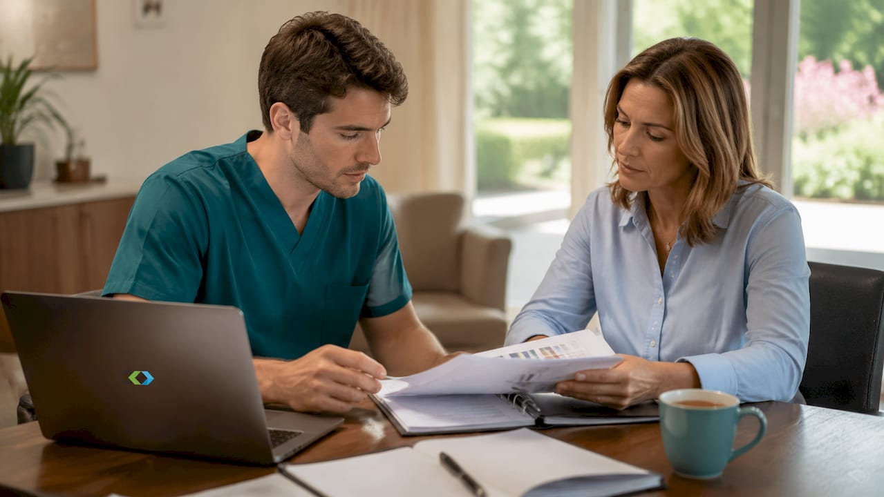 Zorgmedewerker en leidinggevende bespreken samen het dossier van een cliënt.