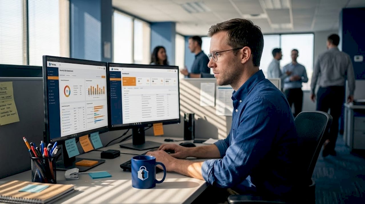 IT manager reviewing security dashboard in office