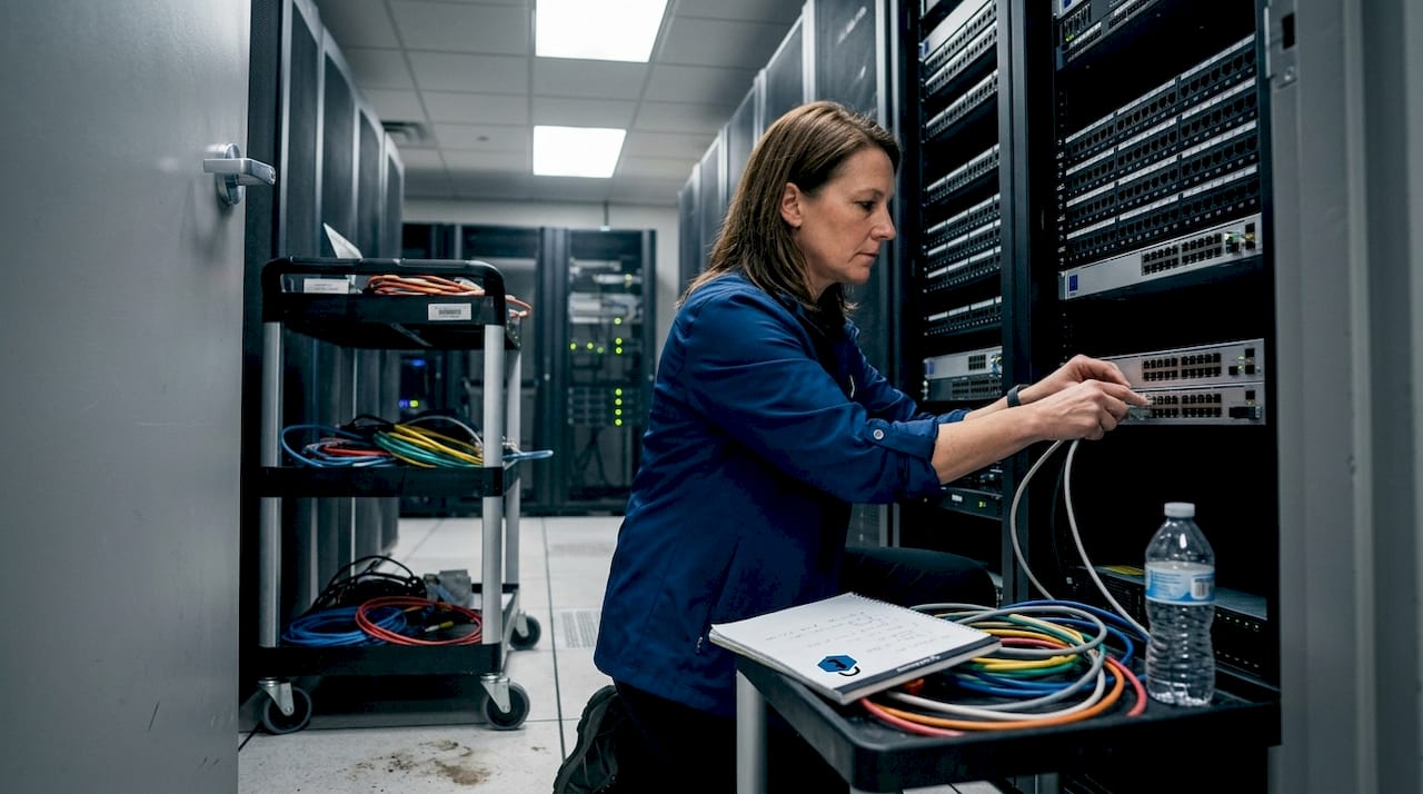 Tech configuring network switch in server room
