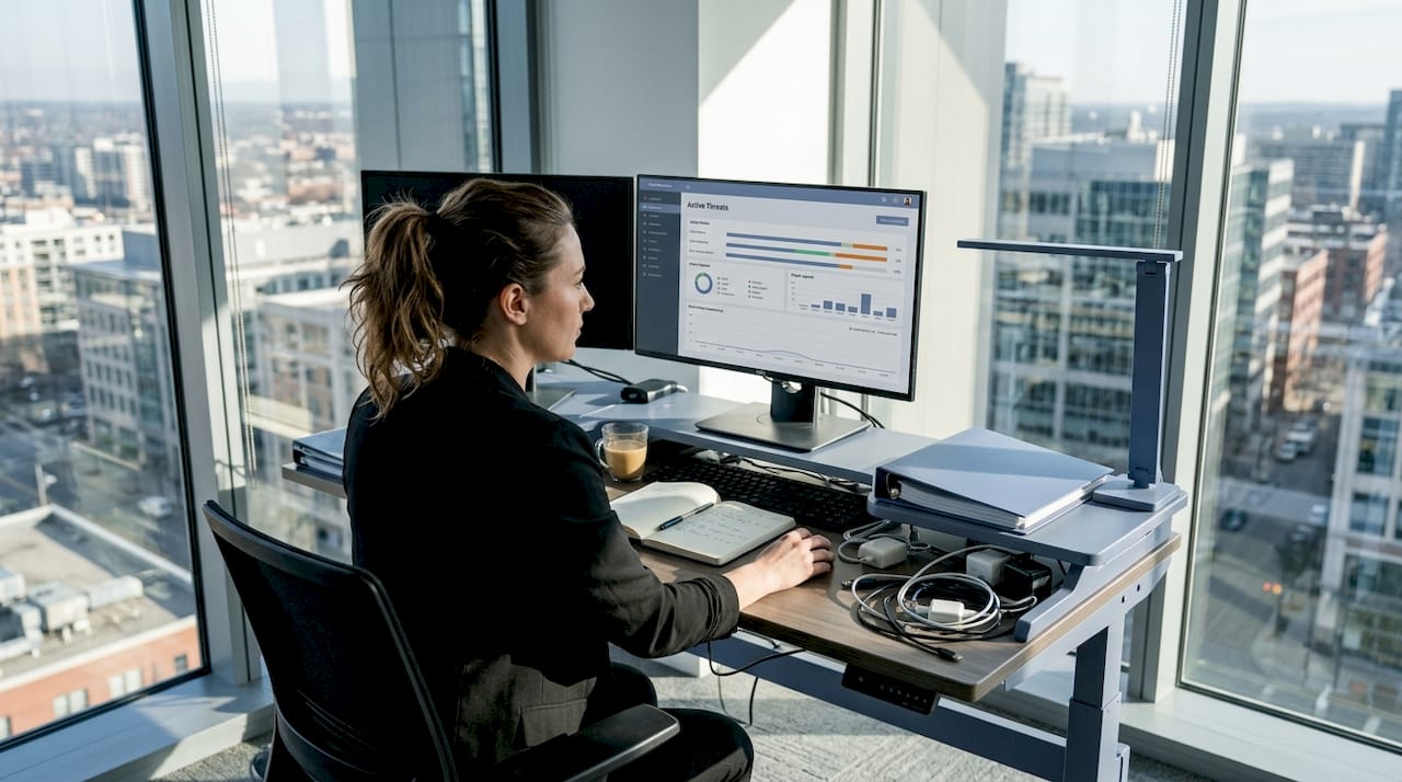 IT security analyst reviewing AI threat dashboard