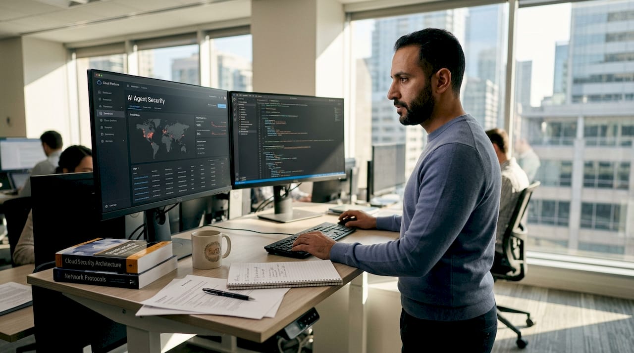 Engineer checking AI agent security dashboard